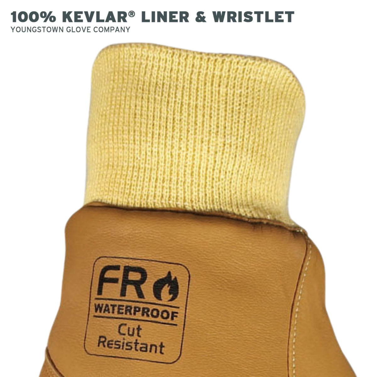 Brown cut-resistant liner with yellow cuff and FR waterproof cut resistant label on a white background