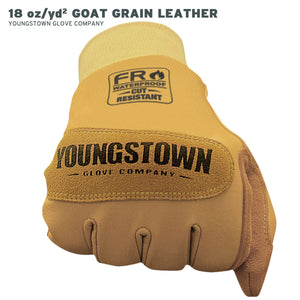 Tan work glove with 'Youngstown Glove Company' branding on a white background