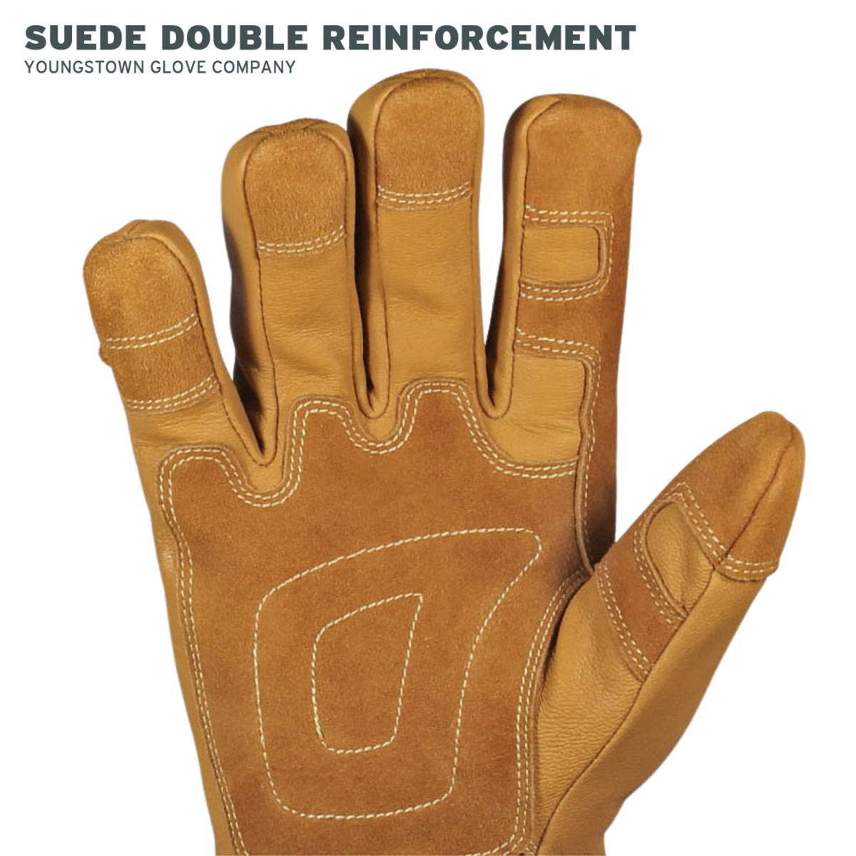 Brown suede glove with double reinforcement on a white background, featuring the Youngstown Glove Company branding.