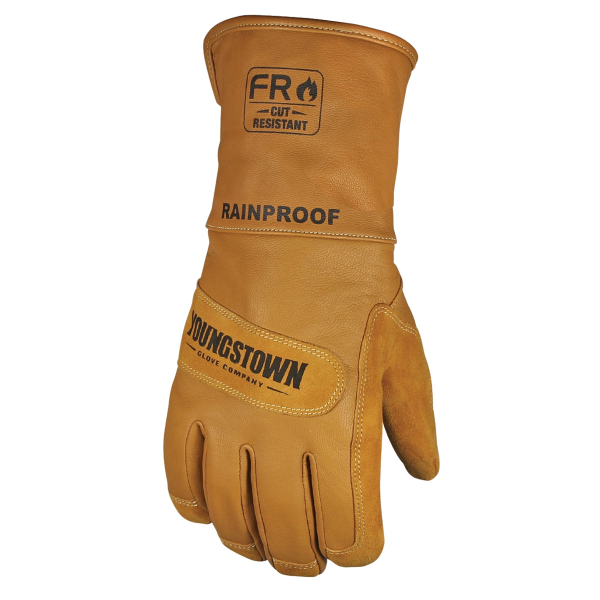 Brown leather glove with 'Youngstown Glove Company' branding on a white background