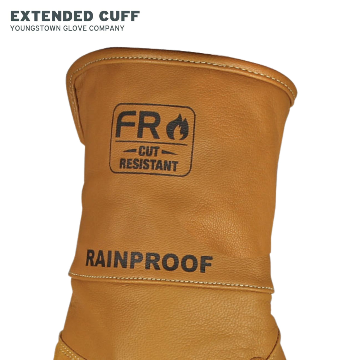 Brown leather glove with 'FR Cut Resistant' and 'Rainproof' labels on a white background, featuring the Youngstown Glove Company branding.