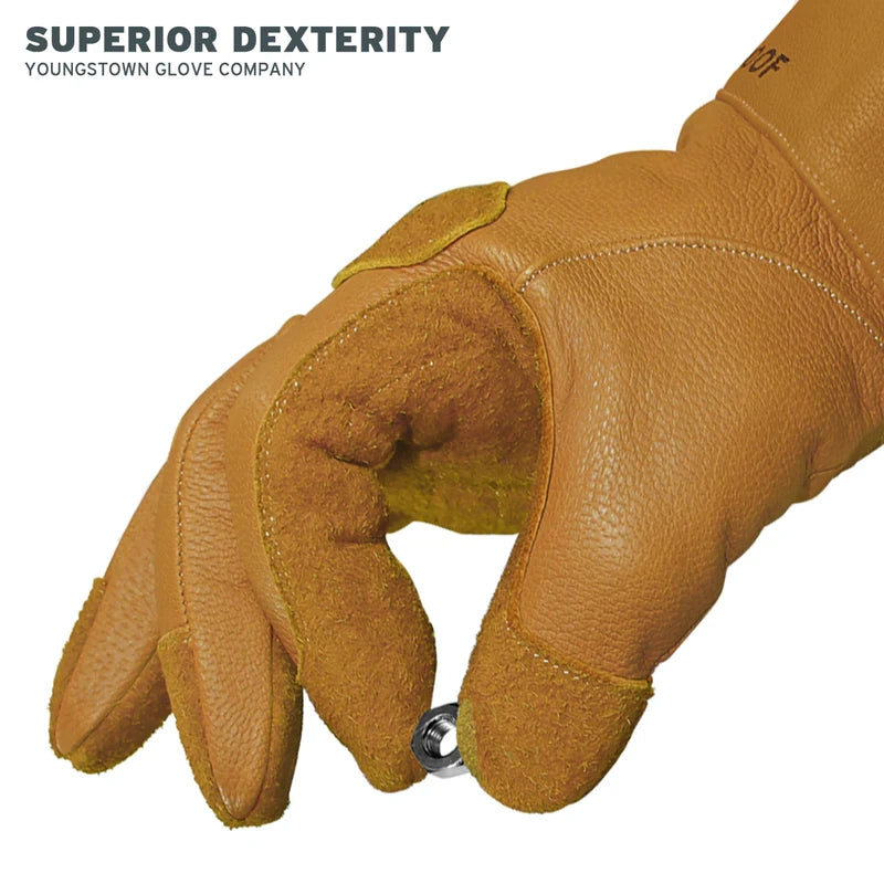 Brown leather glove with a screw on a white background, featuring 'Superior Dexterity' and 'Youngstown Glove Company'.