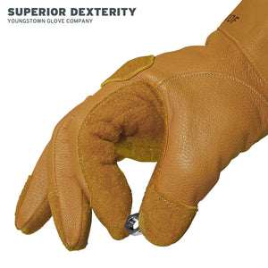 Brown leather glove with a screw on a white background, featuring 'Superior Dexterity' and 'Youngstown Glove Company'.