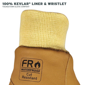 Brown cut-resistant liner with yellow cuff and FR waterproof cut resistant label on a white background