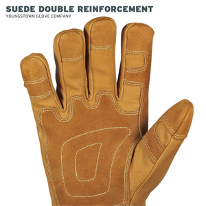 Brown suede glove with double reinforcement on a white background, featuring the Youngstown Glove Company branding.