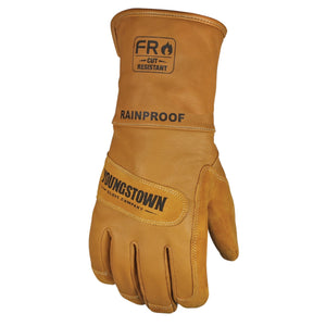 Brown leather glove with 'Youngstown Glove Company' branding on a white background