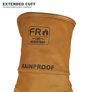 Brown leather glove with 'FR Cut Resistant' and 'Rainproof' labels on a white background, featuring the Youngstown Glove Company branding.