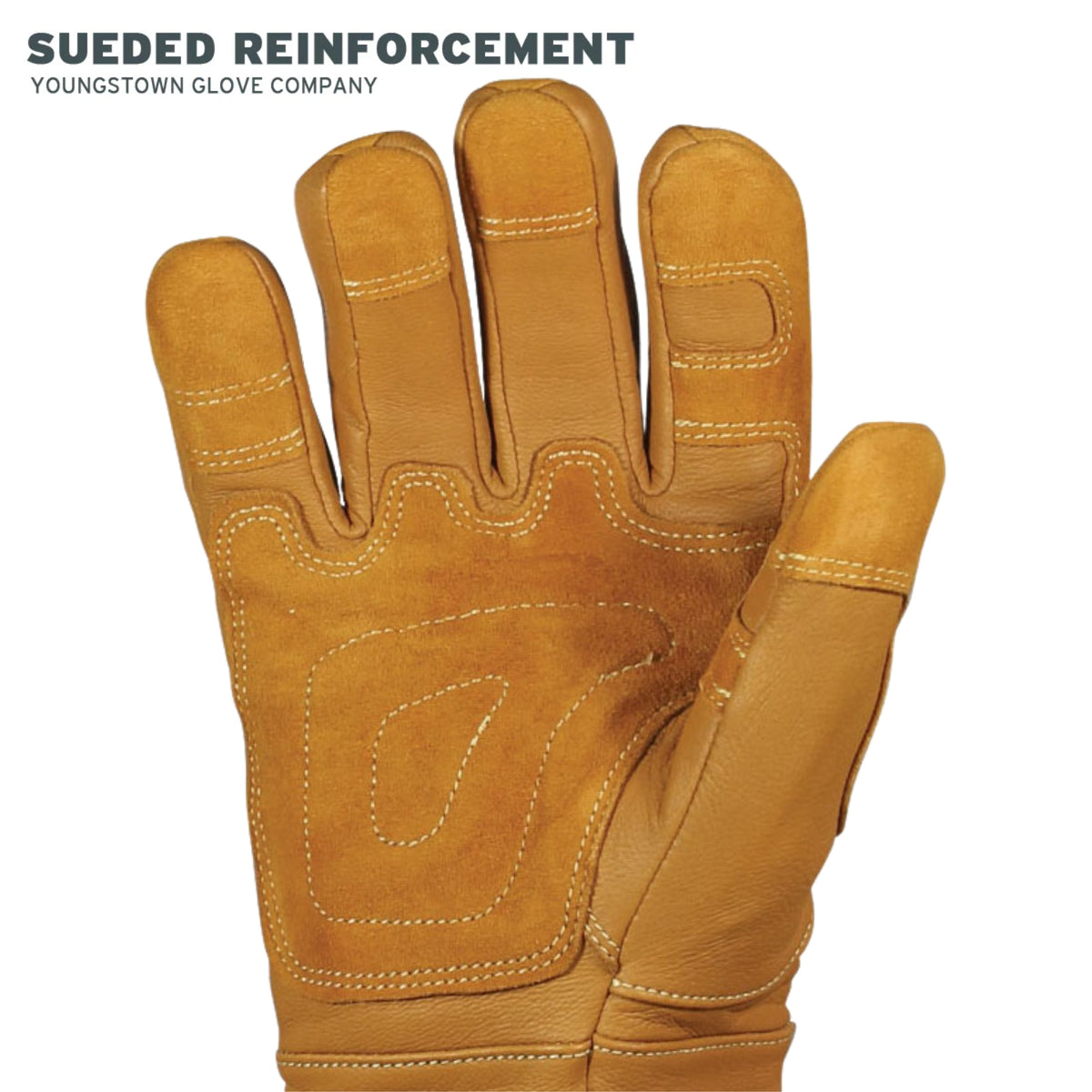 Brown leather glove with sueded reinforcement on a white background, Youngstown Glove Company branding.