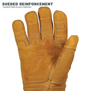 Brown leather glove with sueded reinforcement on a white background, Youngstown Glove Company branding.