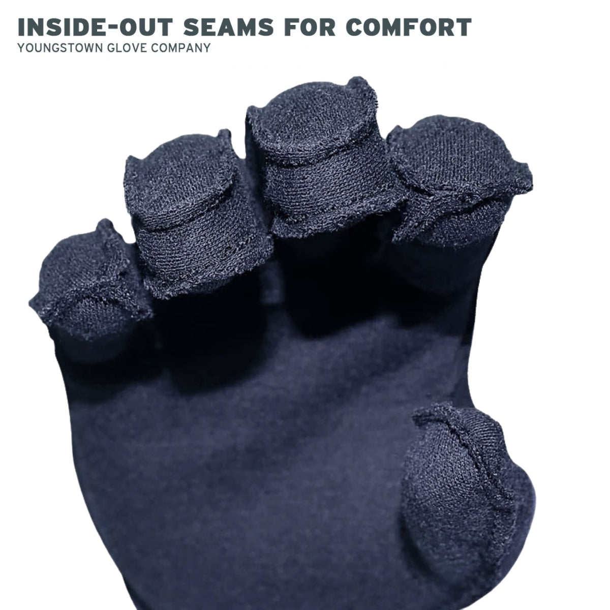 Navy glove liner seams in fingers